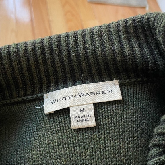 White+Warren Cotton Knit Army Green Black Quilted Leather Yoke Sweater Jacket M - Picture 7 of 9